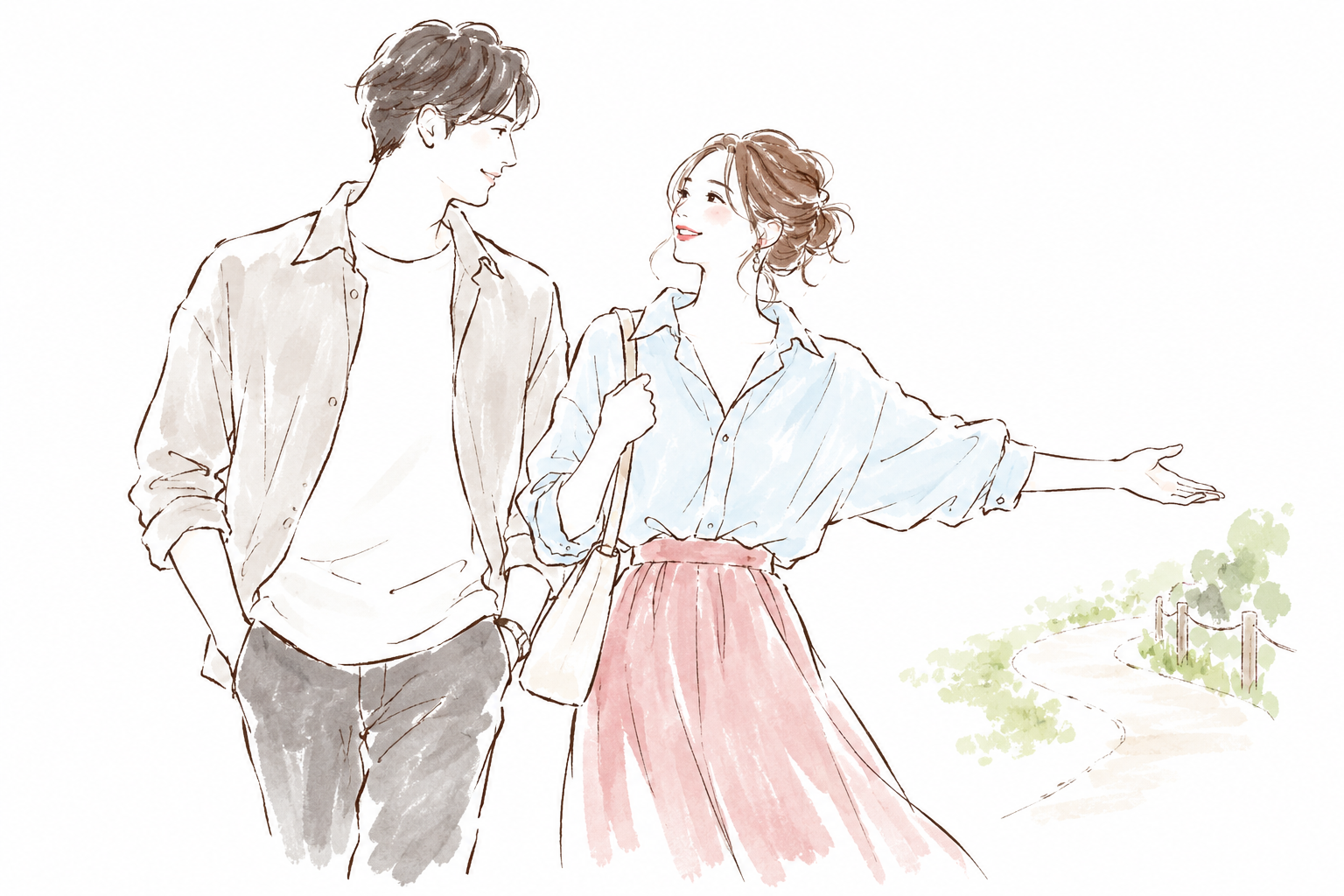 散歩に誘い、相手と話す女性